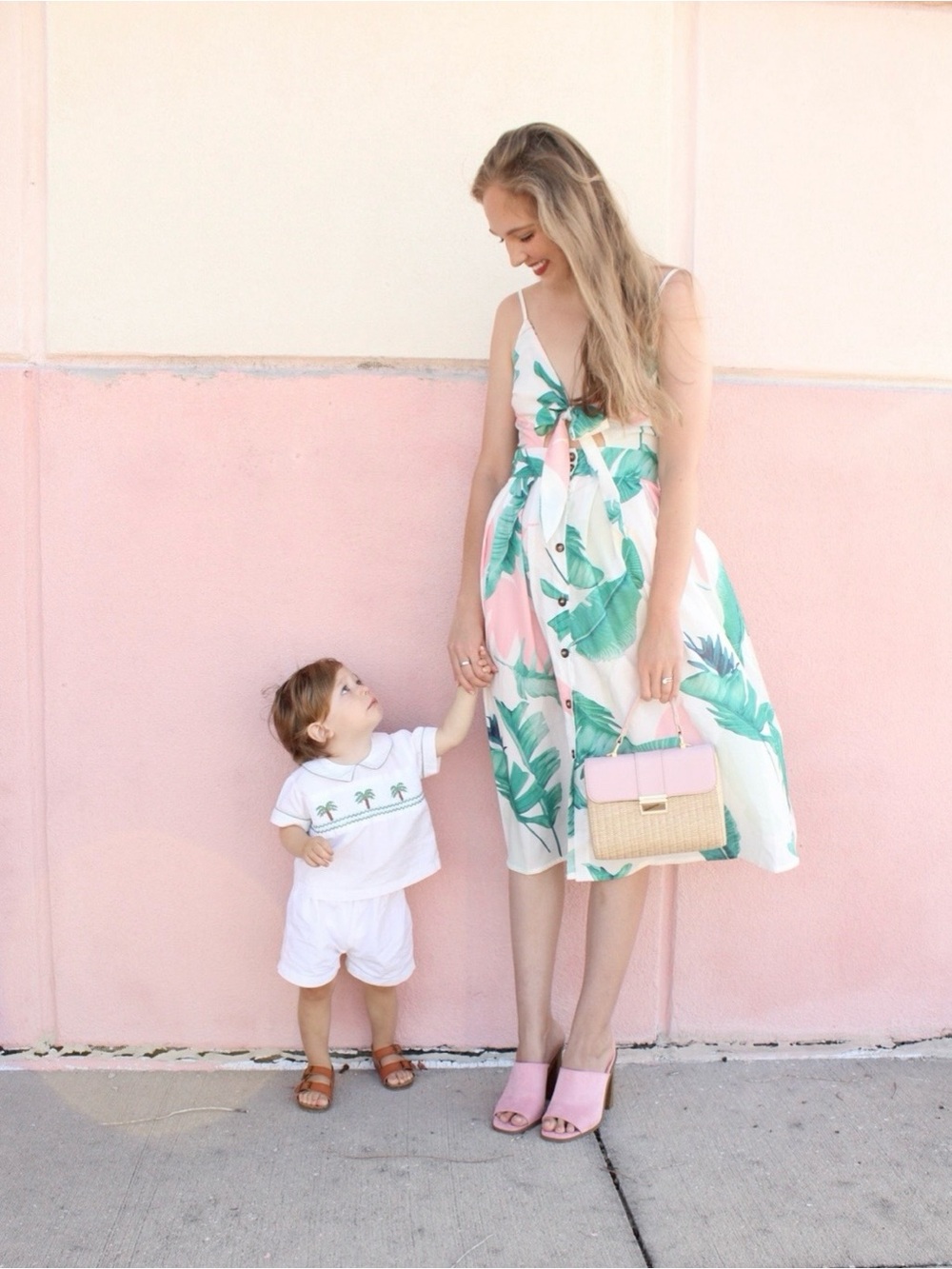 Tropical Palm Print Tie-Front Midi Dress - Pink & Green (small)
